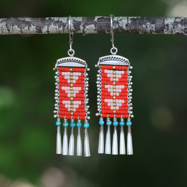 Poppy Red and pink Sacred Peak Earrings with Turquoise(ear wire or post)