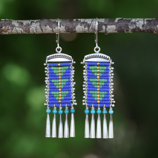 Cobalt and Green Sacred Peak Earrings with Turquoise (ear wire or post)