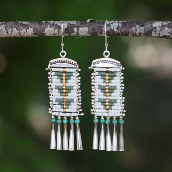 White and Olive Sacred Peak Earrings with Turquoise (ear wire or post)