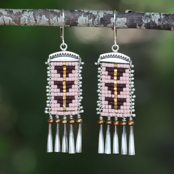 Pink and Espresso Sacred Peak Earrings with Pearl (ear wire or post)