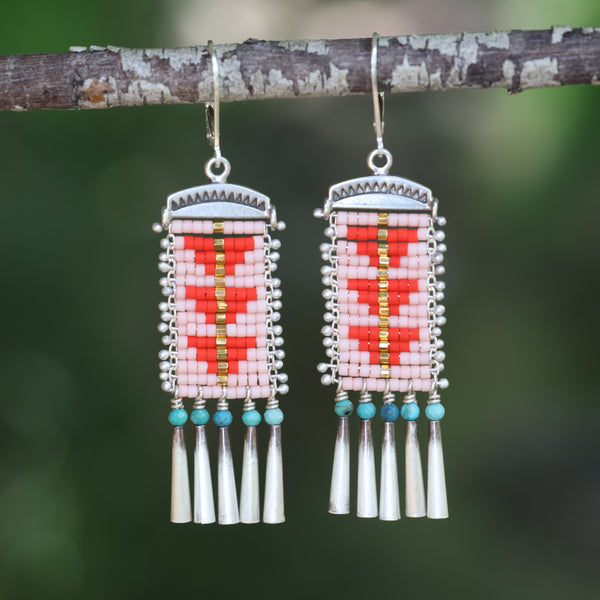 Poppy Red Sacred Peak Earrings with Turquoise (ear wire or post)
