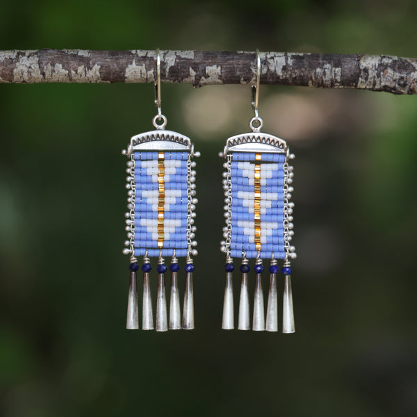 Periwinkle and White Sacred Peak Earrings with Lapis (ear wire or post)