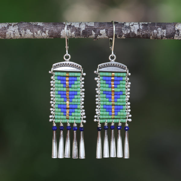 Green and Cobalt Sacred Peak Earrings with Lapis (ear wire or post)