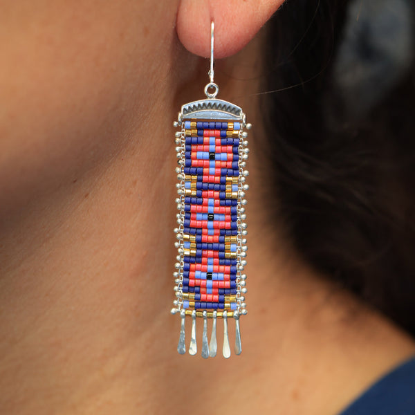Long Cruces Earrings in Navy Blue Multi