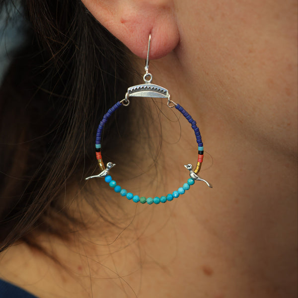 Small Hoops with Silver Birds and Turquoise