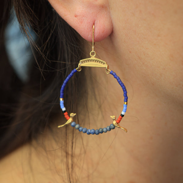 Small Hoops with Silver Birds and Denim Sponge Coral in 24k Gold Vermeil