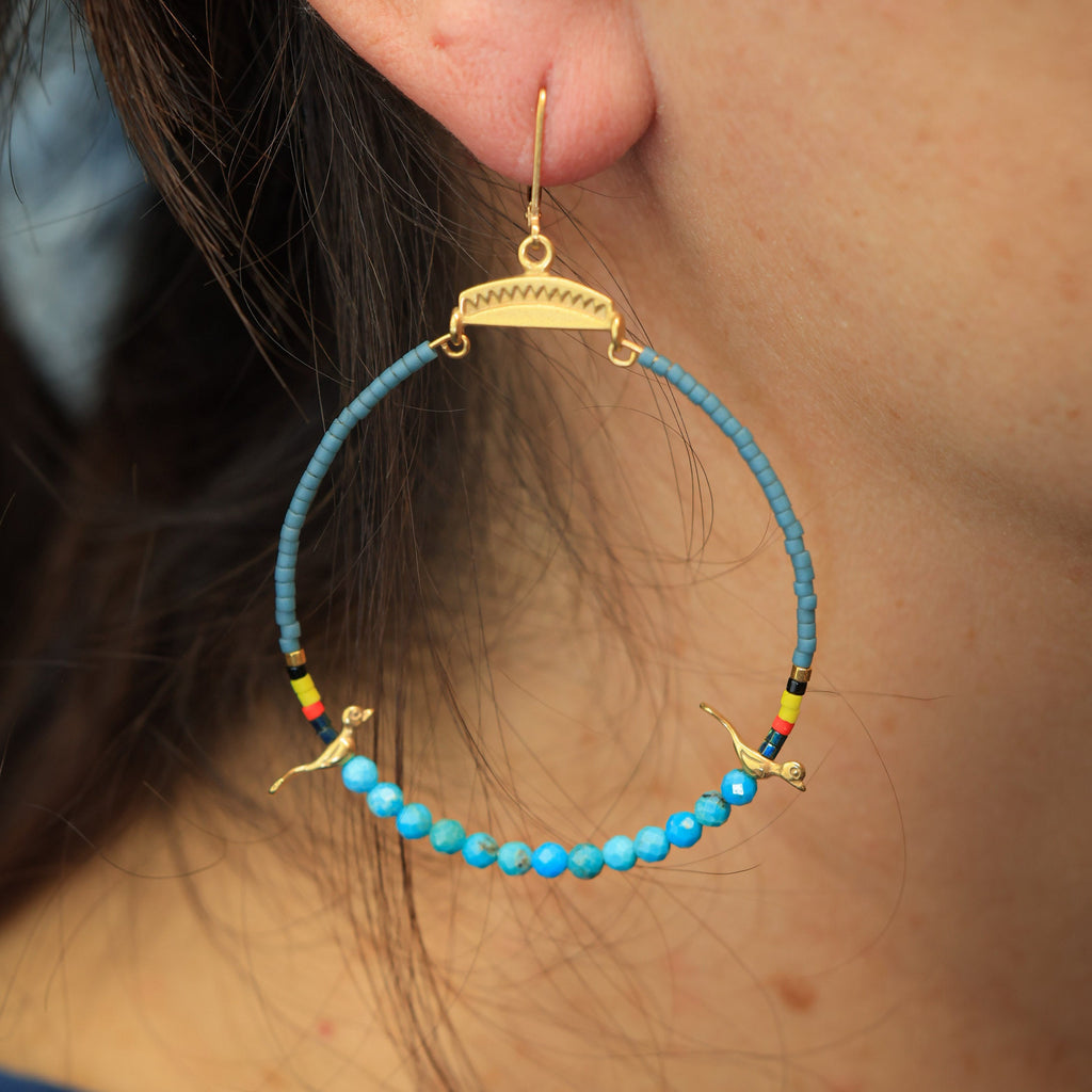 Hoops with Silver Birds and Turquoise in 24k vermeil