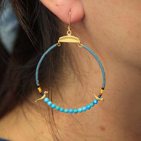Hoops with Silver Birds and Turquoise in 24k vermeil