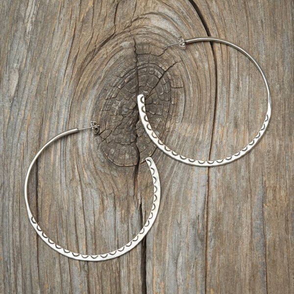 Stamped Large Hoop Post Earrings