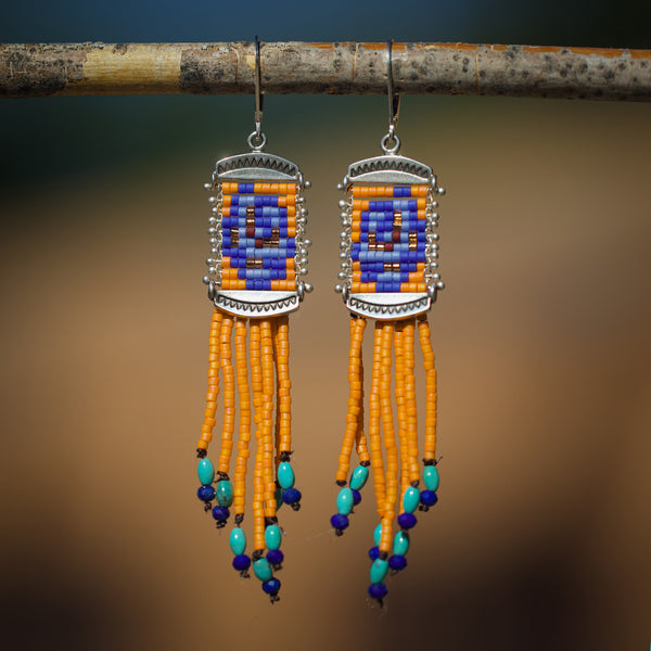 Dancing Roses in Mandarin with lapis and Turquoise (ear wire or post)