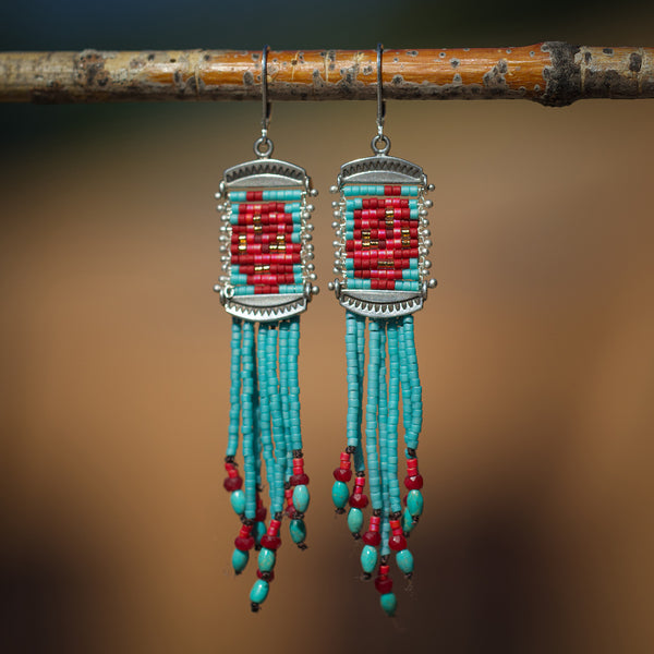 Dancing Roses with Ruby and Turquoise (ear wire or post)