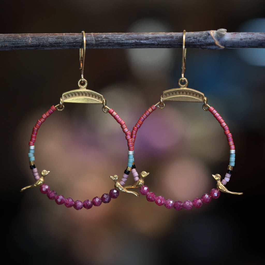 Small Hoops with Silver Birds and Ruby in 24k Gold Vermeil