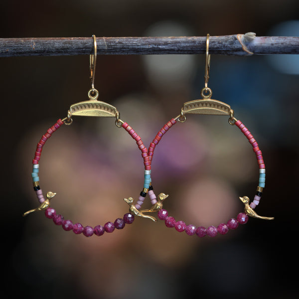 Small Hoops with Silver Birds and Ruby in 24k Gold Vermeil