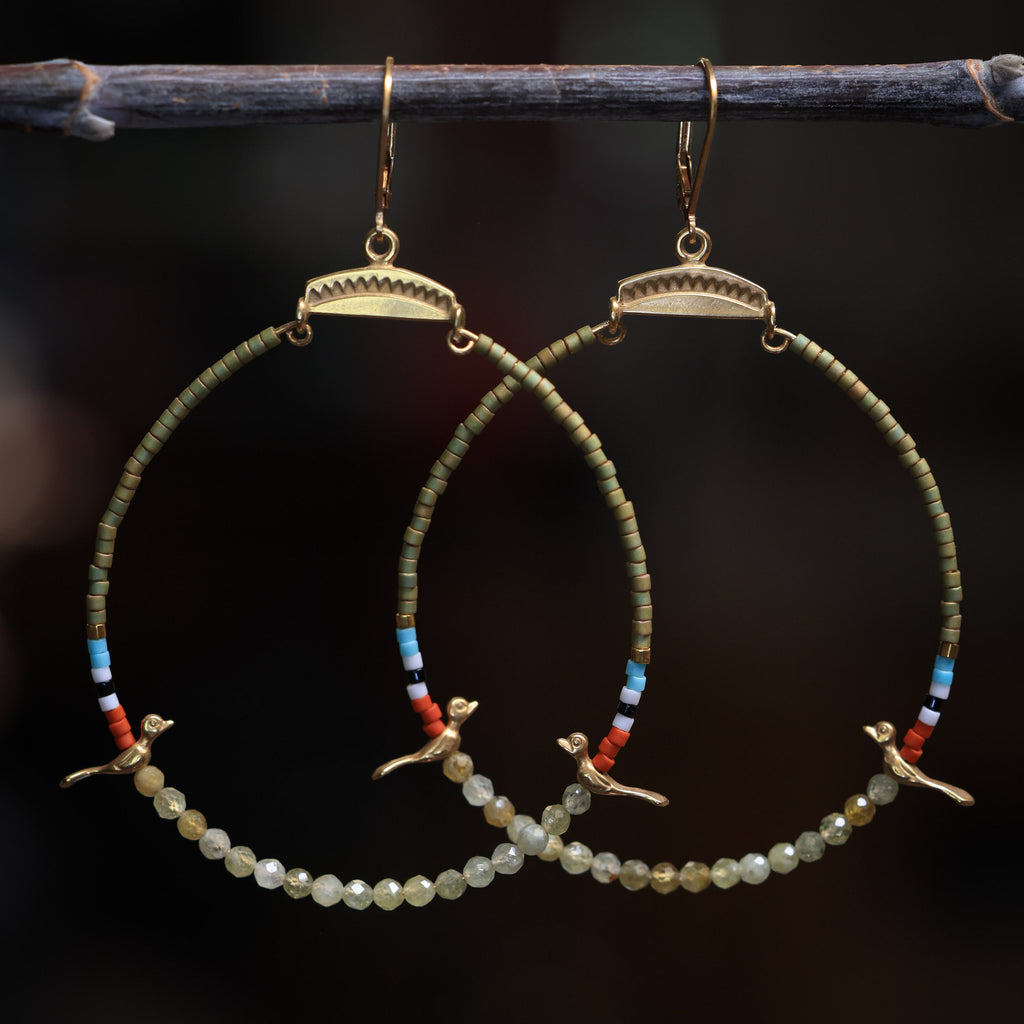 Hoops with Silver Birds and Green Garnet in 24k vermeil