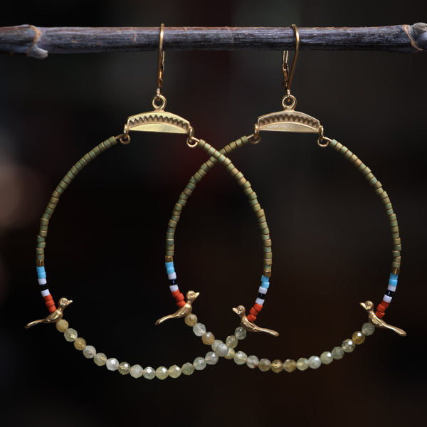 Hoops with Silver Birds and Green Garnet in 24k vermeil