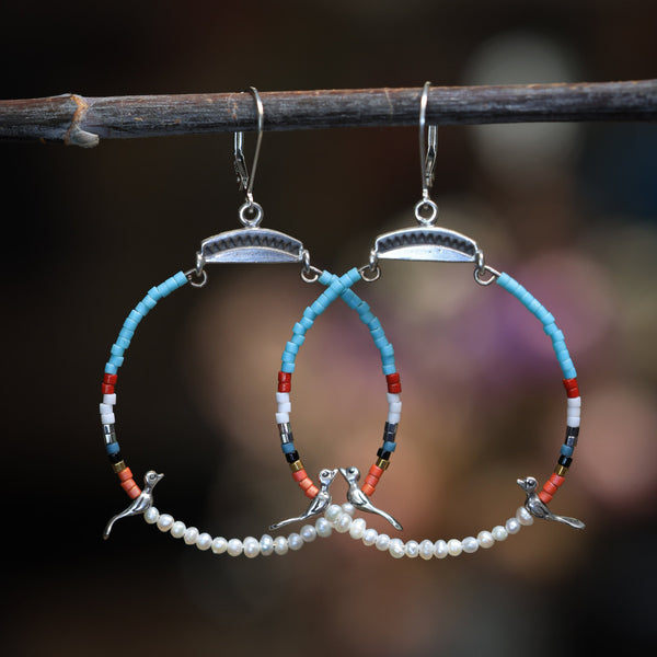 Small Hoops with Silver Birds and Pearl