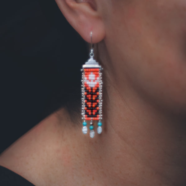 Thin Flora Earrings in Luster Orange with Turquoise