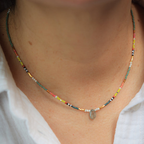 Seed Bead Necklace with Moss Aquamarine