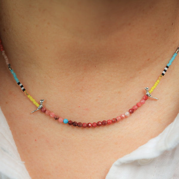 Little Birds Necklace with Rhodochrosite