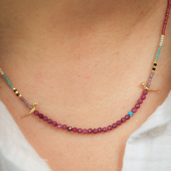 Little Birds Necklace with Ruby & 24k Vermeil