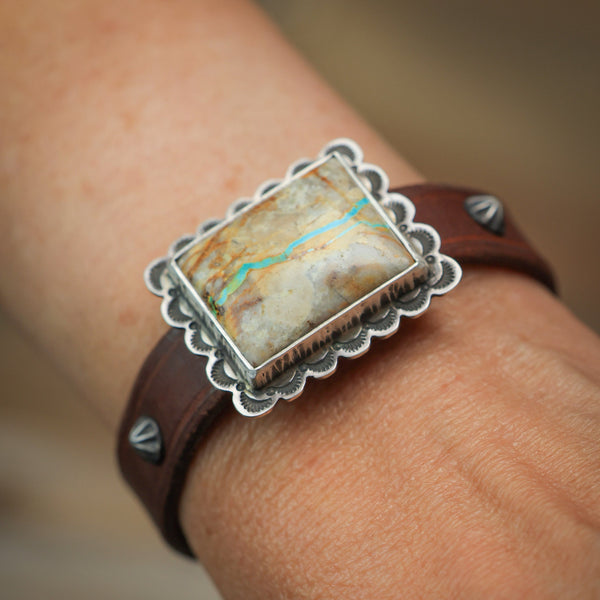 Stamped Horse Tack Bracelet with a Rectangle Royston Ribbon Turquoise