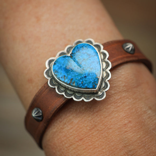 Stamped Horse Tack Bracelet with a Kingman Turquoise Heart