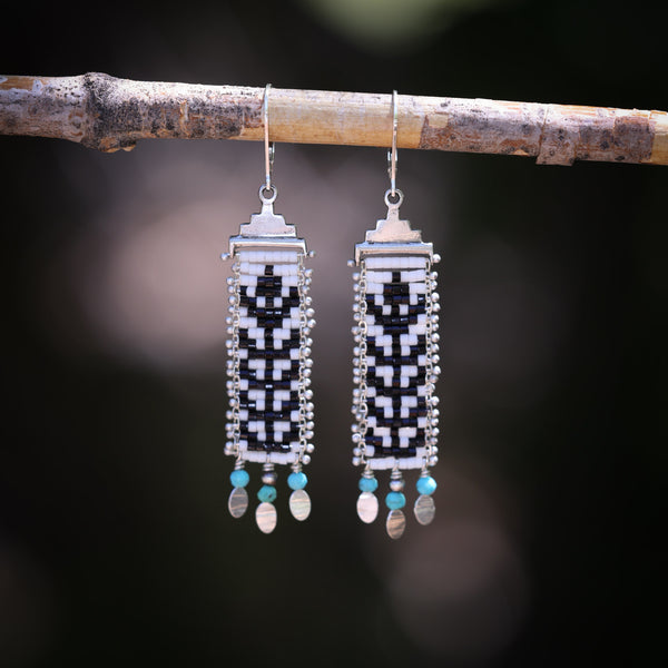 Thin Flora Earrings in Black and White with Turquoise