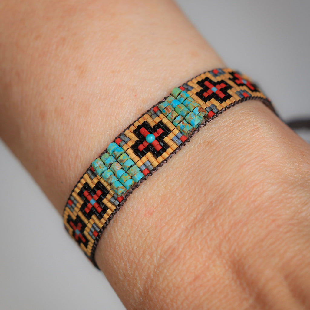 Red and Gold Cruces Bracelet with Kingman Turquoise