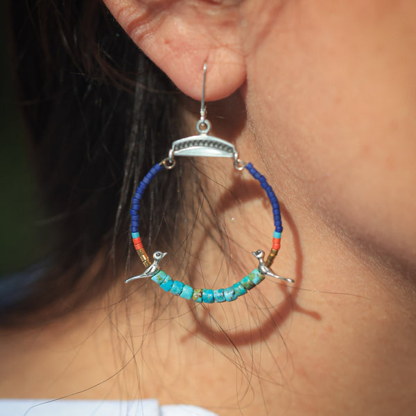 Small Hoops with Silver Birds and Turquoise