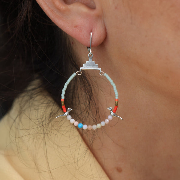 Small Hoops with Silver Birds and Pink Opal