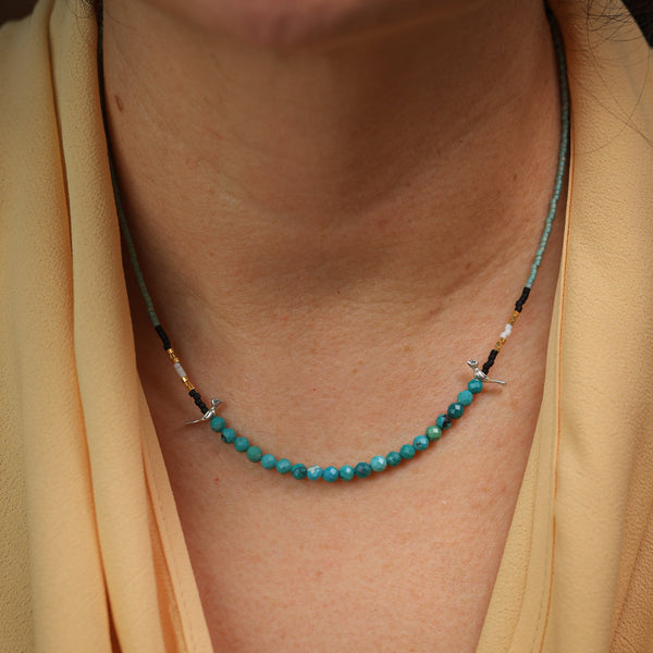 Necklace with Silver Birds and Turquoise