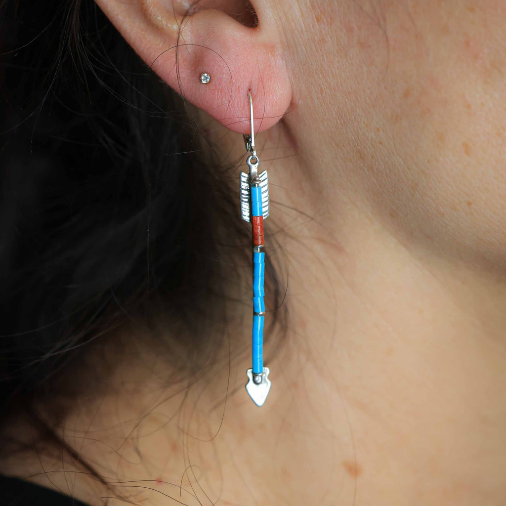 Twin Arrows Earrings with Blue Kingman Turquoise and Apple Coral