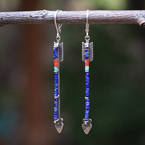 Twin Arrows Earrings withLapis and Apple Coral