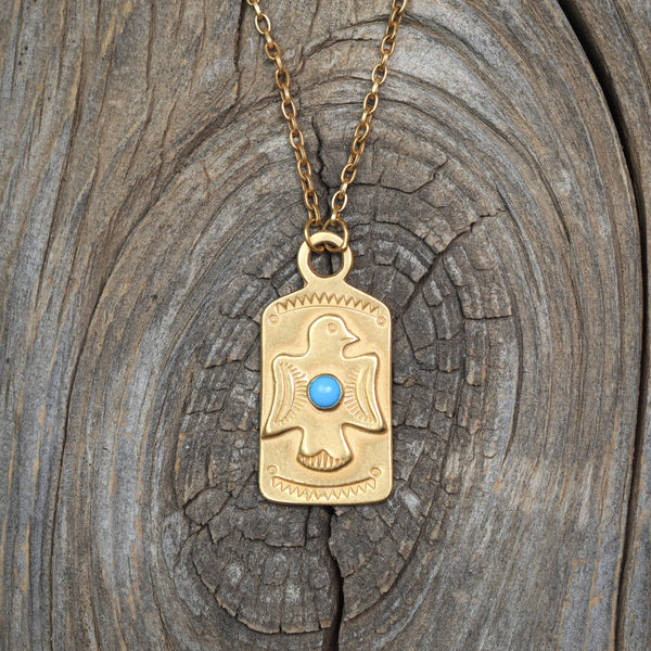 Bird Tag Necklace with Sleeping Beauty Turquoise & 24k Vermeil