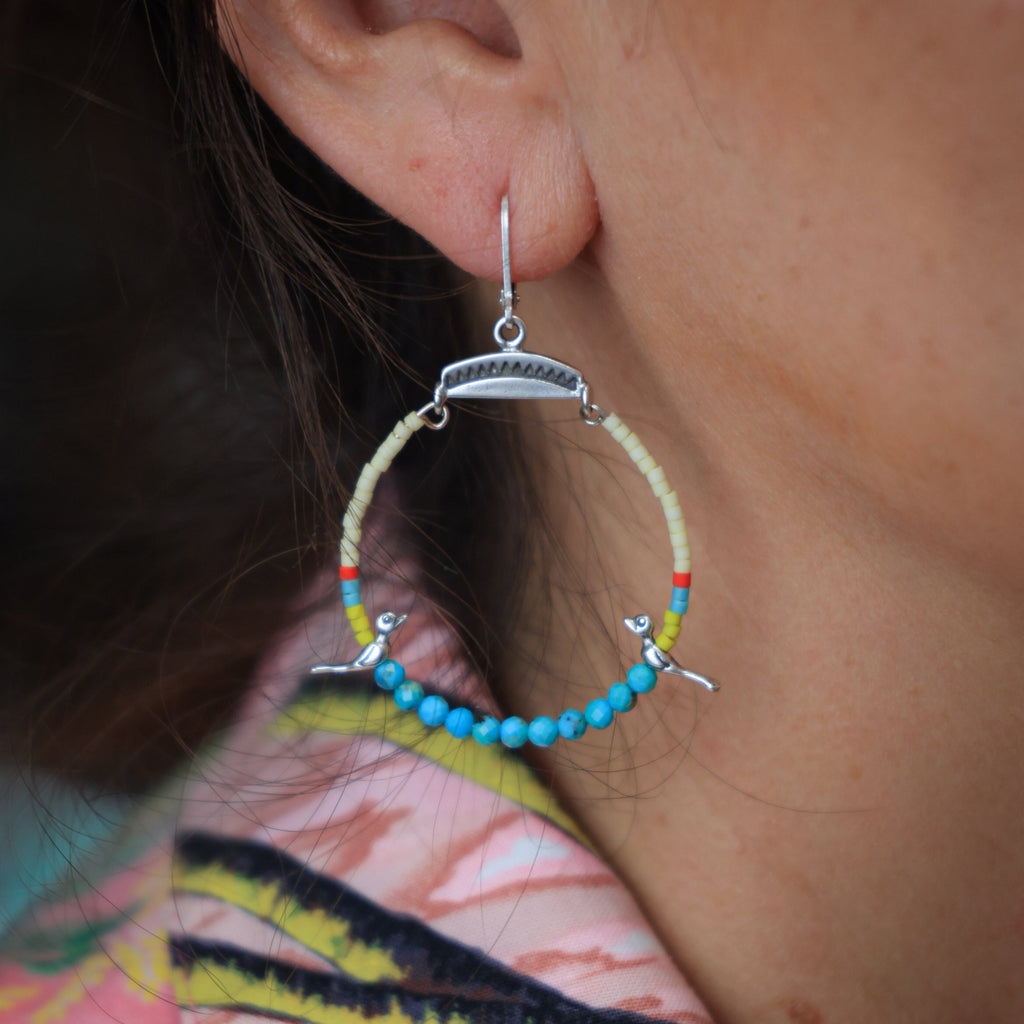 Small Hoops with Silver Birds in Butter Yellow and Turquoise