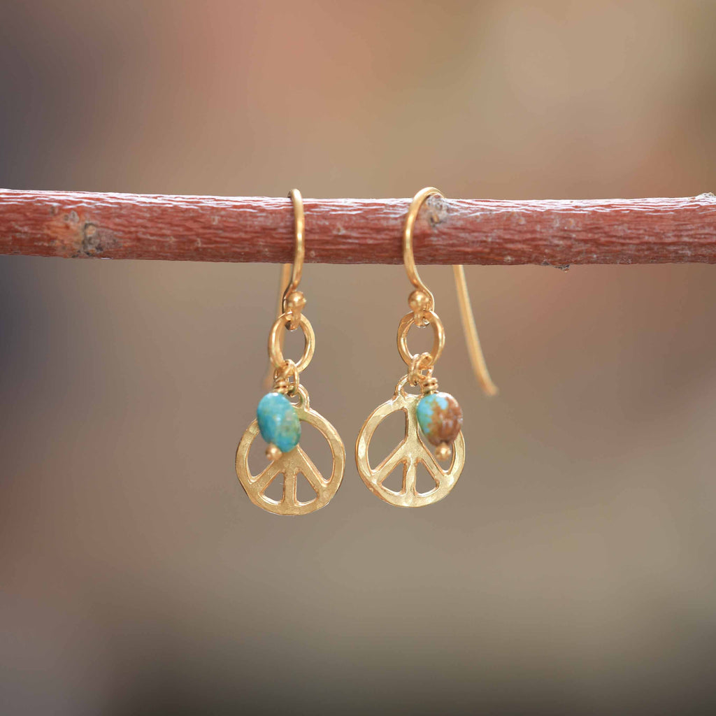 Peace Sign Earrings with Turquoise in 24k Vermeil