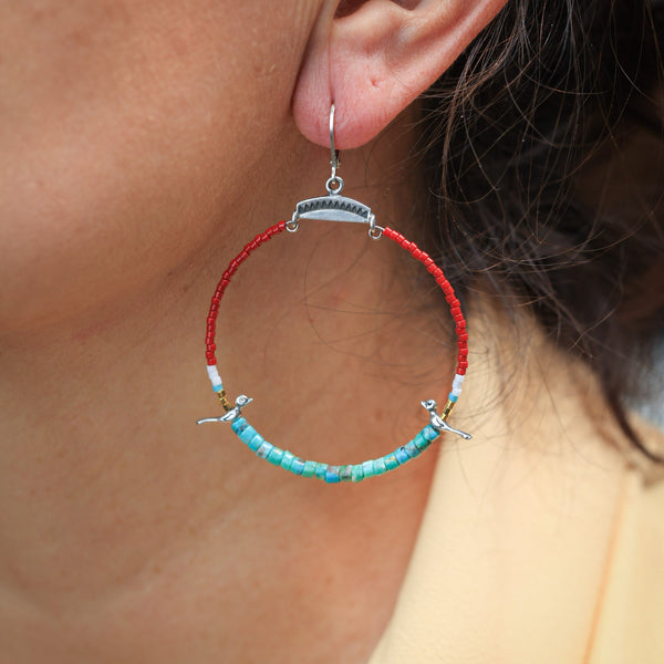 Hoops with Silver Birds in Red and Turquoise