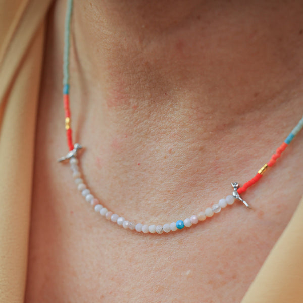 Necklace with Silver Birds and Pink Opal