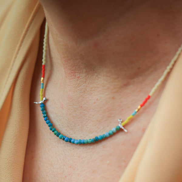 Necklace with Silver Birds in Butter Yellow and Turquoise