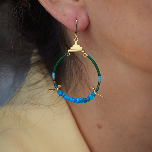 Small Hoops with Silver Birds and Sleeping Beauty Turquoise in 24k Gold Vermeil