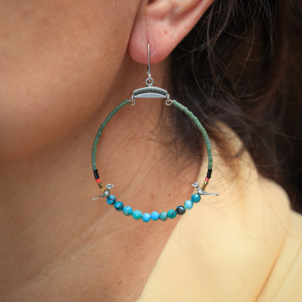 Hoops with Silver Birds in Olive Green and Turquoise