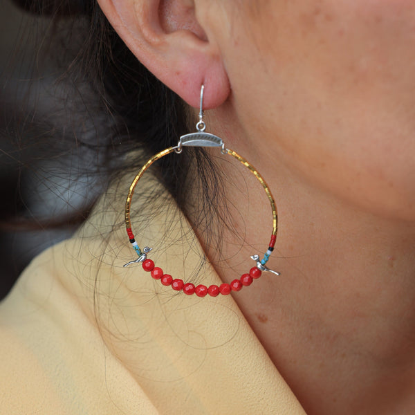 Hoops with Silver Birds and Sea Bamboo Coral