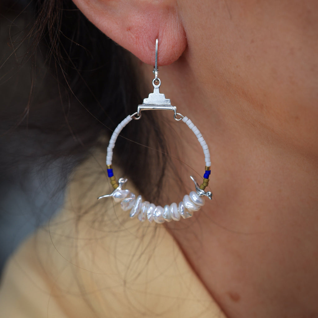 Small Hoops with Silver Birds and Pearl