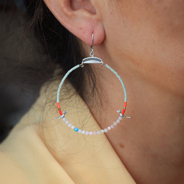Hoops with Silver Birds and Pink Opal